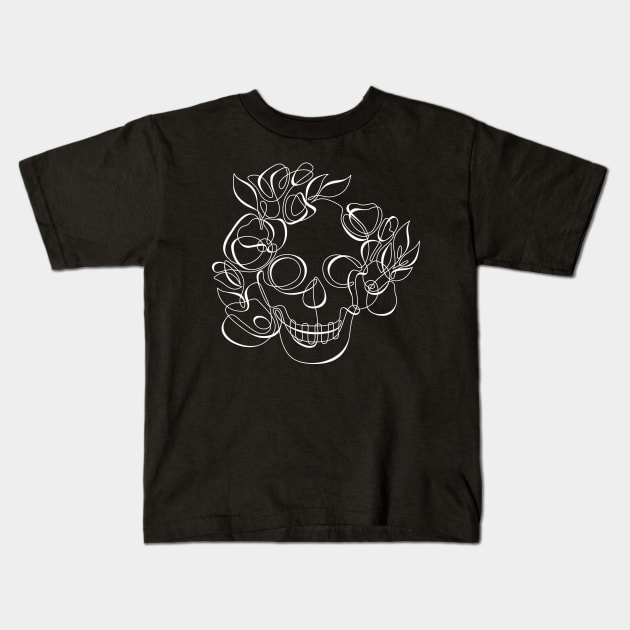 Minimalistic Continuous Line Skull with Poppies Kids T-Shirt by lissantee